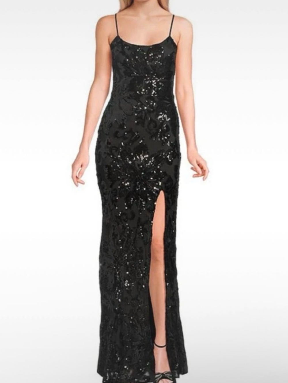 Black Sequin Spaghetti-Strap Prom Gown with Thigh Slit